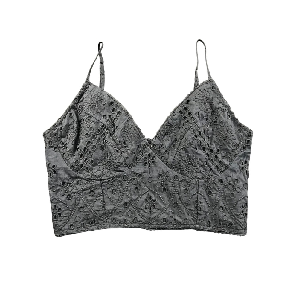 Abercrombie & Fitch Black Eyelet Floral Embroidered Smocked Crop Top Womens M